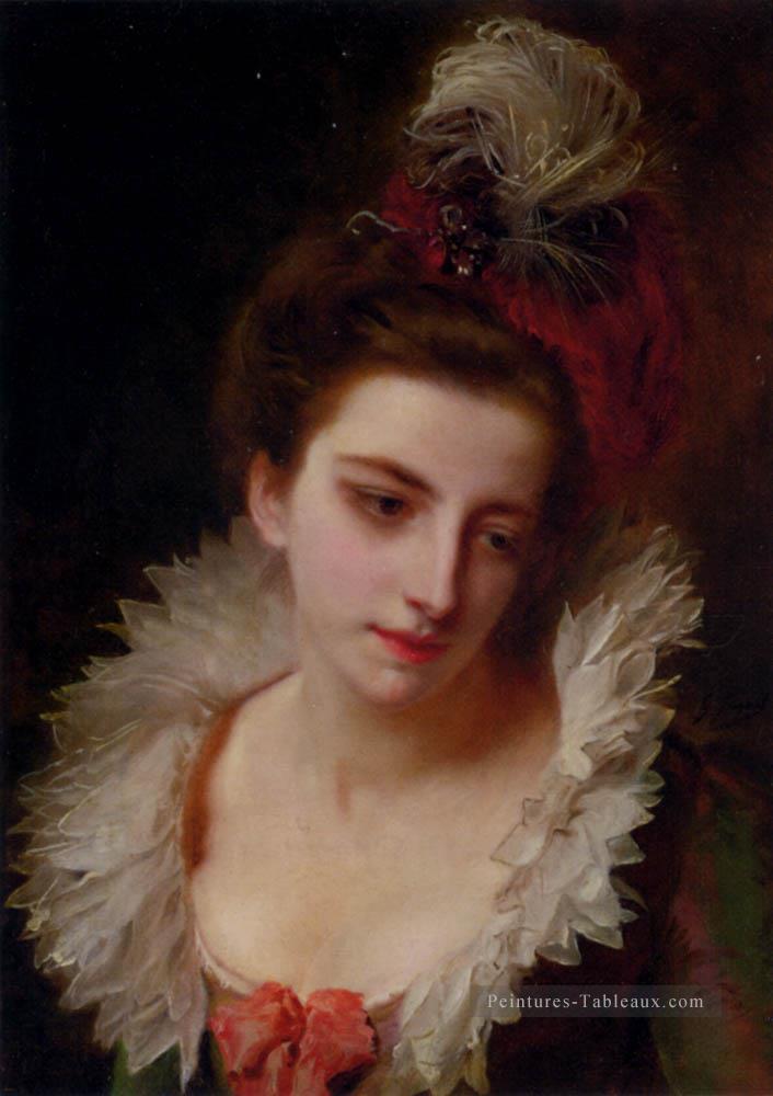 Portrait d’une dame avec un chapeau à plumes dame Gustave Jean Jacquet Peintures à l'huile